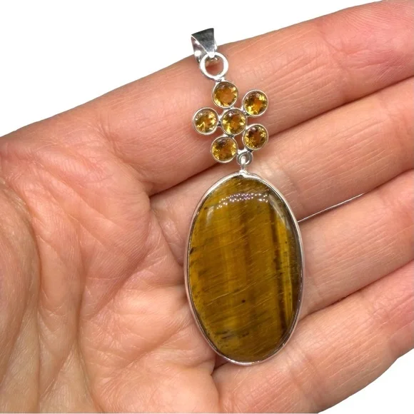 Tiger’s Eye Citrine Flower Necklace Pendant Solid 925 Sterling Silver Oval Stone